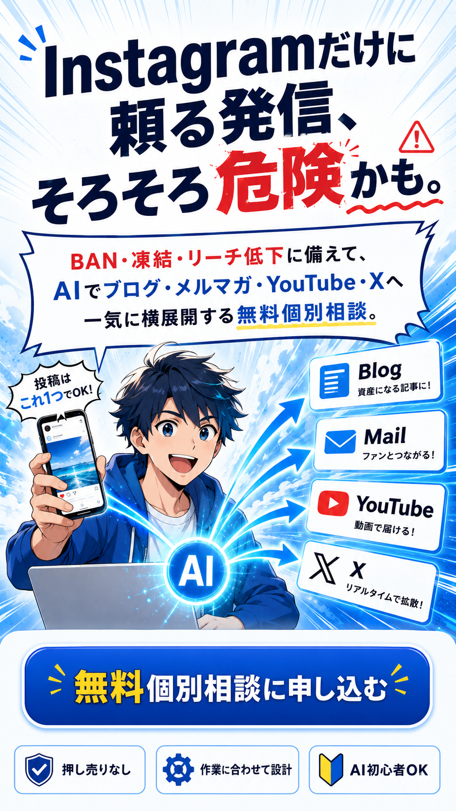 Instagramだけに頼る発信、そろそろ危険かも。BAN、凍結、リーチ低下に備えてAIでブログ、メルマガ、YouTube、Xへ横展開する無料個別相談。